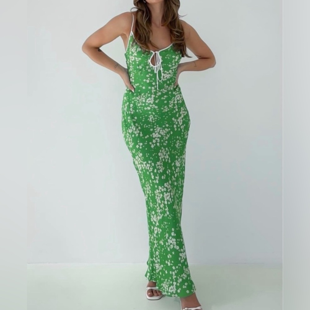Rumored Green Floral Maxi Dress with White Trim